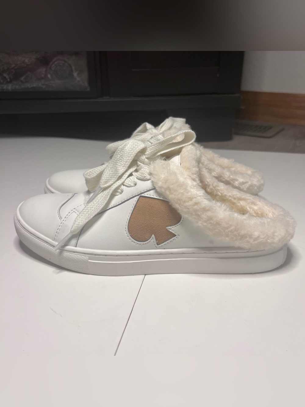 kate spade White Sneakers with Tan Heart and Cream Faux-Fur Cuff